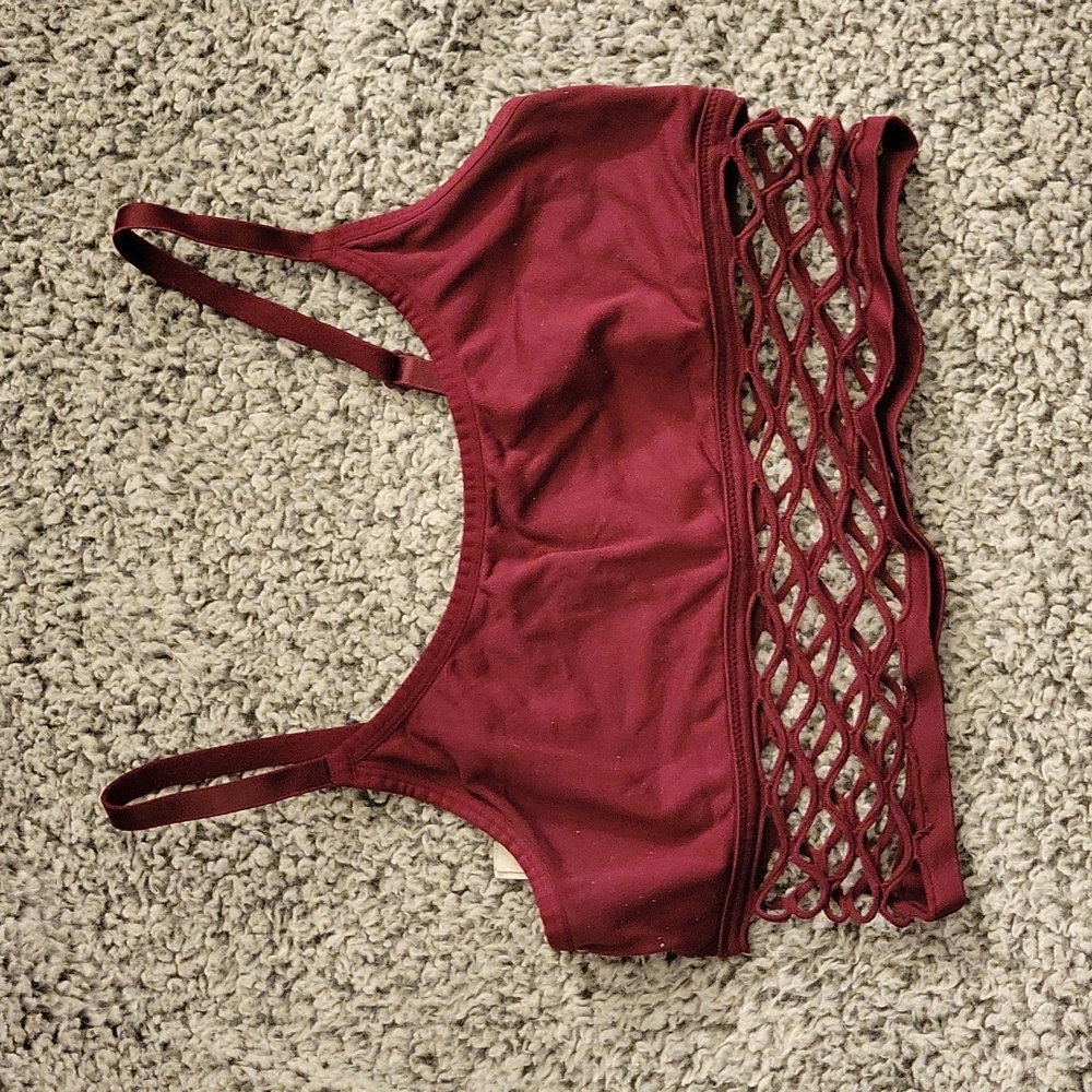 Maroon Fishnet sports bra